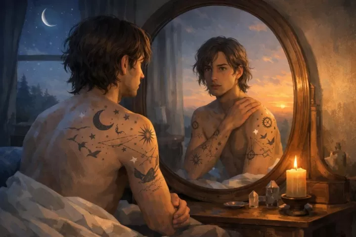 Symbolic illustration of a person discovering new tattoos on their skin overnight while looking in a mirror at dawn.