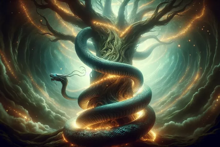 A glowing serpent entwined around a tree in a mystical setting.