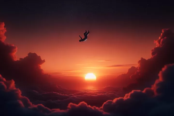 A person falling through soft clouds at sunset, representing the dream theme of falling.