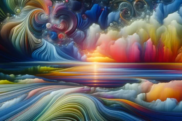 A dreamlike canvas filled with symbolic colours and shapes, representing a dream about paintings.
