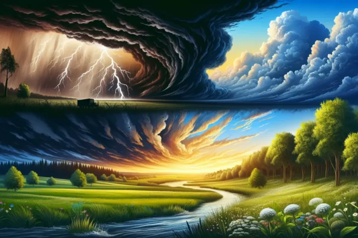 Dark storm clouds rolling over a landscape, symbolising emotional pressure, change, and release in dreams.