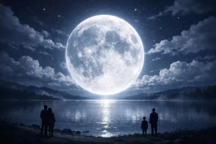 Symbolic illustration of the moon falling from a night sky over a calm landscape