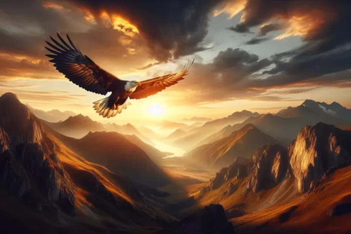 A majestic eagle soaring above mountain peaks at sunrise.