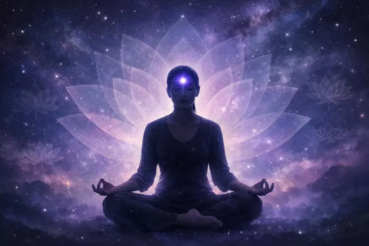 Symbolic illustration of a meditating person with a glowing light at the forehead under a cosmic sky