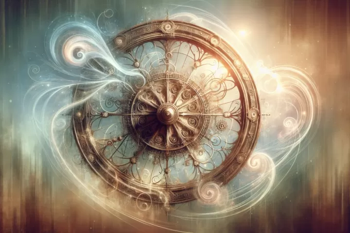 A symbolic wheel of time turning through a starry dream sky, representing cycles, pressure, and life direction