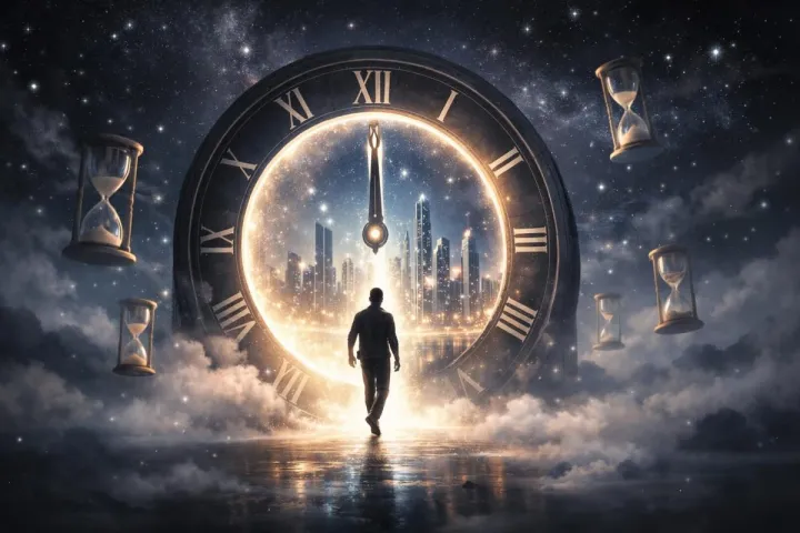 Symbolic illustration of a person stepping through a glowing portal toward a futuristic city under a starry sky