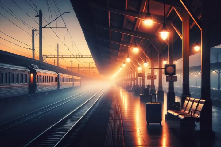 A symbolic illustration of a calm train station platform at dawn with a distant train and a suitcase on a bench.