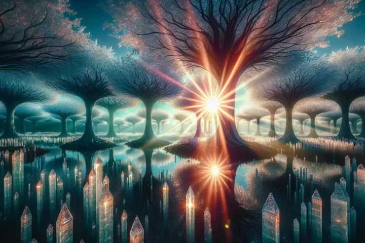 Transparent glass trees glowing in moonlight, symbolising beauty, fragility, and emotional clarity.