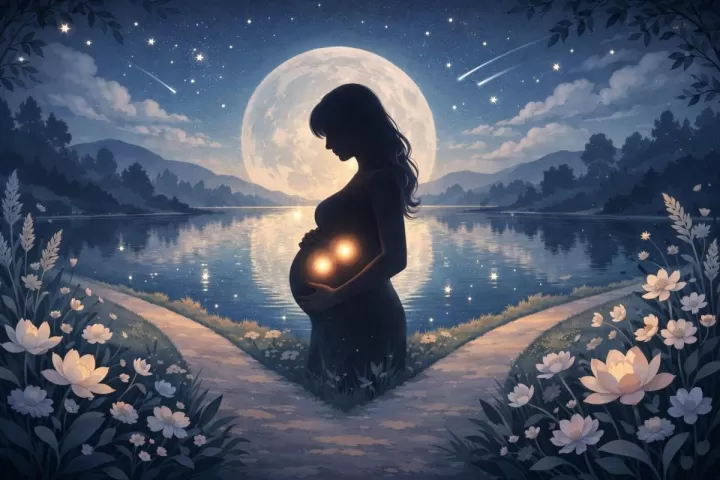 Symbolic illustration of a pregnant figure with twin lights inside, representing a dream about twins pregnancy