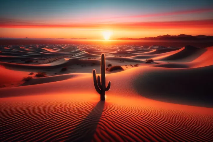 A tranquil desert landscape at sunset with sand dunes and a cactus.