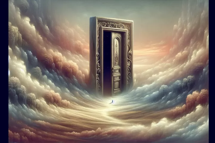A dreamlike scene of a doorway fading into mist as a path disappears into darkness, symbolising lost options and uncertainty.
