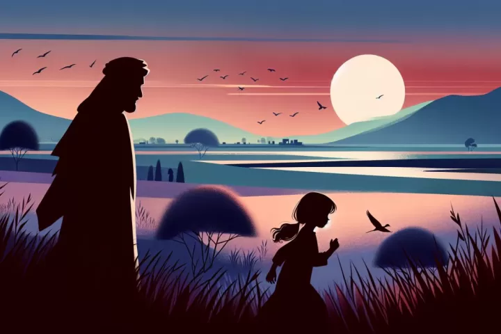 A dreamlike child figure quietly following an adult through a dim, symbolic landscape.