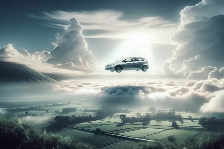 A surreal car floating above a road under a dreamlike sky.