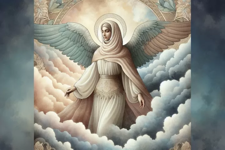 A luminous angelic figure in a dreamlike sky, symbolising guidance, protection, hope, and spiritual support.