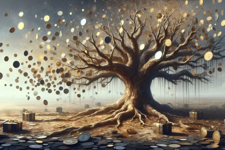 A symbolic dream image showing coins falling away to represent losing money, anxiety, and instability.