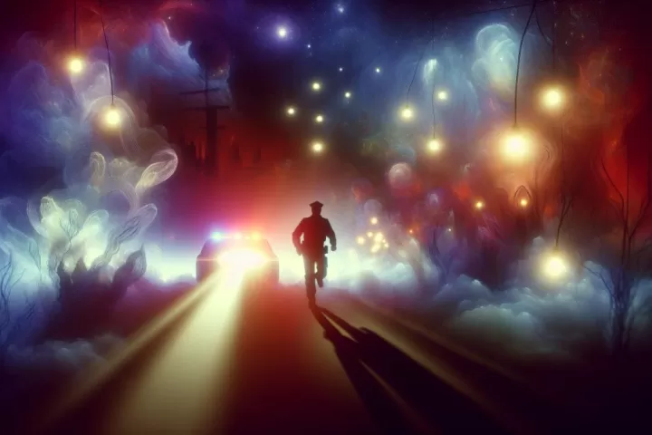 A surreal dream scene of someone being chased by flashing police lights through a dark city street.