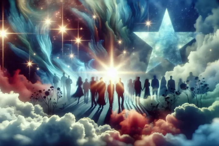 An artistic representation of celebrity silhouettes in a dreamlike environment.