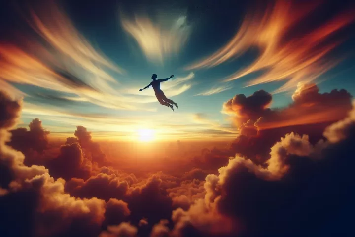 A dreamlike figure soaring above glowing clouds and mountains, symbolising freedom, perspective, and possibility in flying dreams.