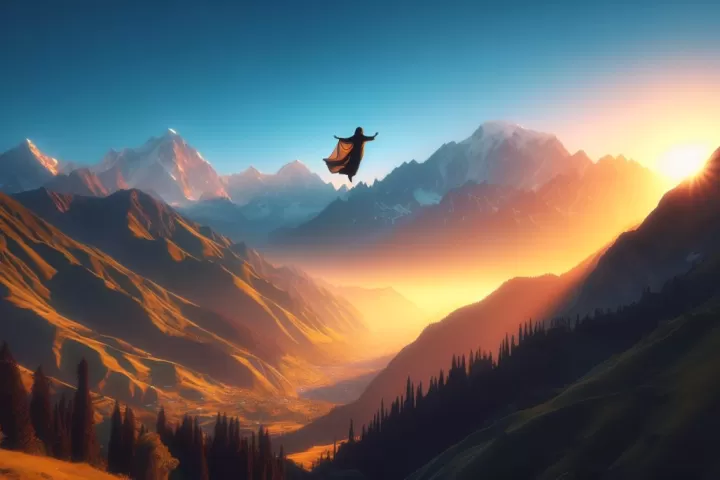 A dreamer soaring high above a night landscape with stars and clouds, symbolising freedom, lucid awareness, and higher perspective.