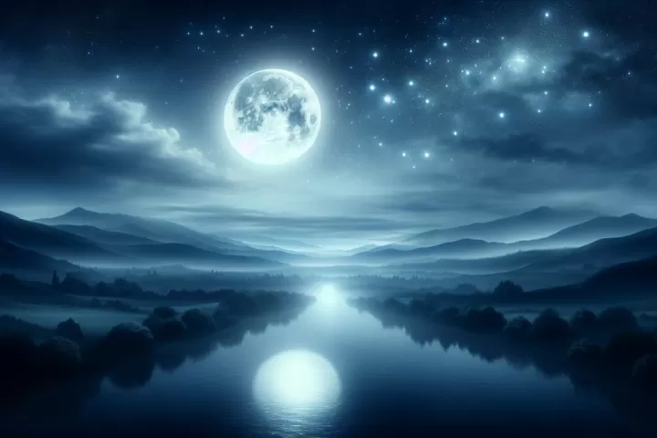 A luminous full moon over a dreamlike landscape, symbolising intuition, emotional reflection, and the subconscious.