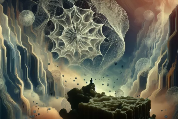 A dreamlike spider web glowing in the dark, symbolising fear, creativity, and hidden emotional patterns.