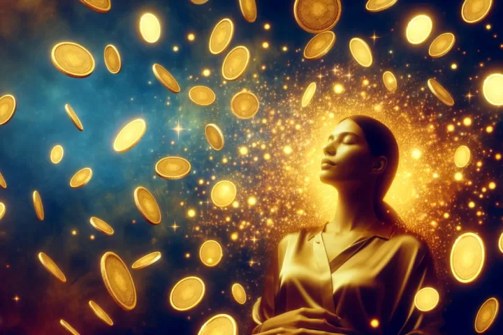 A dreamlike golden scene with money, light, and symbols of abundance representing sudden wealth in dreams.