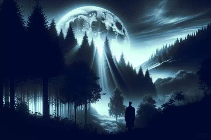 A shadowy figure at the edge of a dark forest under a full moon, symbolising fear, uncertainty, and subconscious tension.