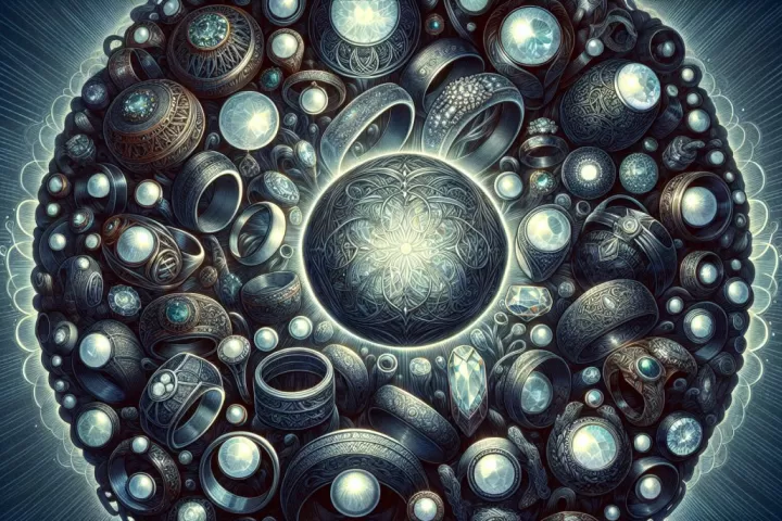 An artistic arrangement of symbolic rings representing commitment, unity, transformation, and emotional meaning in dreams.