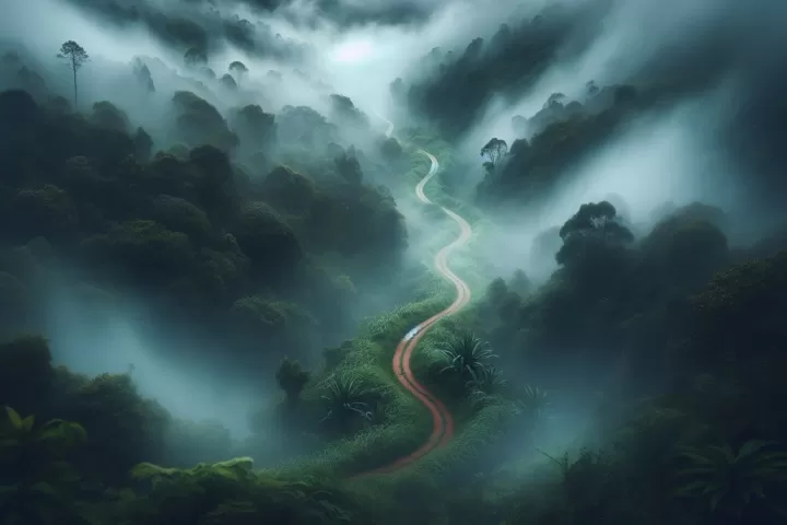 A winding path in a foggy forest representing the feeling of being lost, uncertain, and searching for direction.