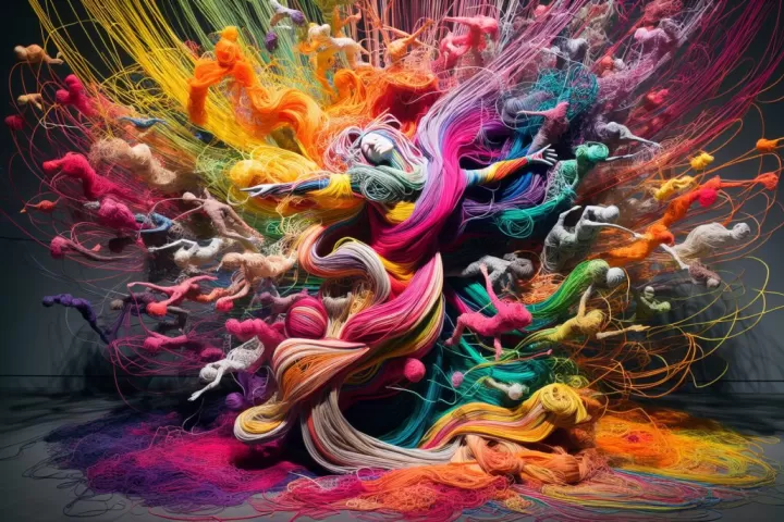 A dreamlike figure surrounded by luminous thread and fabric, symbolising identity, connection, and emotional entanglement.