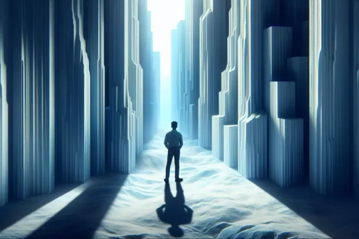 A lone figure trapped inside thick ice in a frozen dream landscape, symbolising emotional freeze, fear, and feeling unable to move forward.