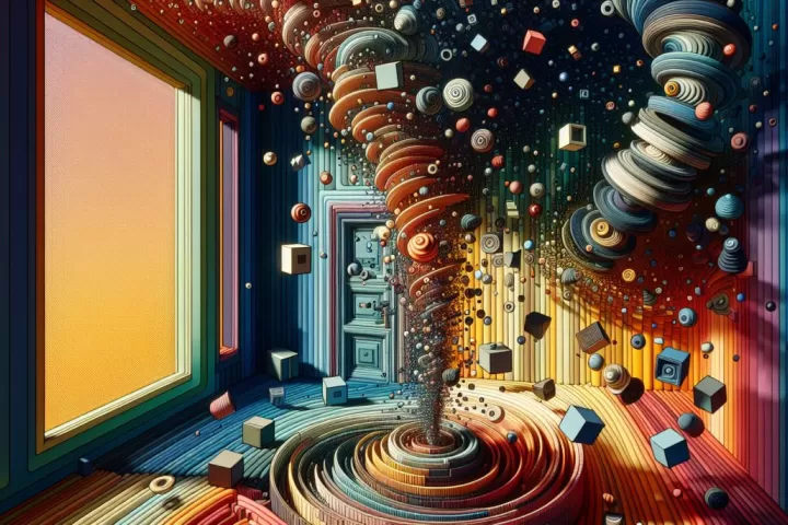 A surreal room appearing to spin, symbolizing confusion, instability, and emotional imbalance.