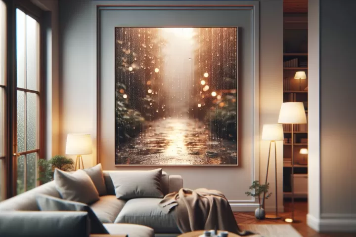 A calming indoor scene with soft rain falling against a window, evoking tranquility.