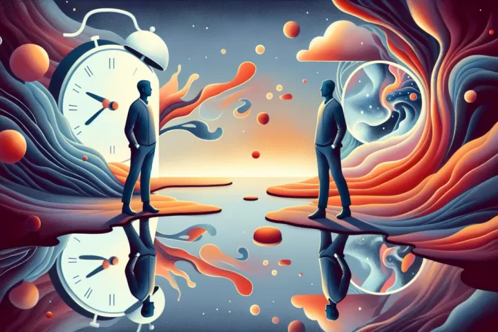Two identical figures in a surreal landscape representing duality, identity, and self-reflection.