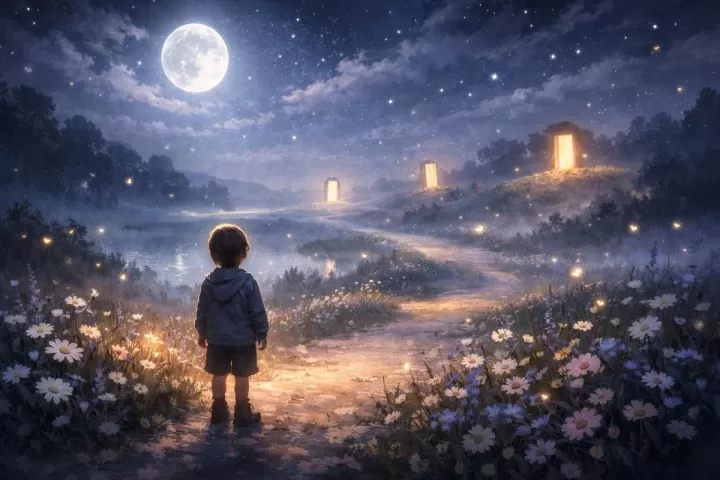 Symbolic illustration of an unknown child in a dreamlike landscape with moonlight and a glowing path
