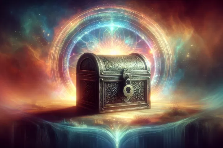 A mystical locked chest illuminated by soft light, symbolizing secrets, hidden emotions, and inner treasure.