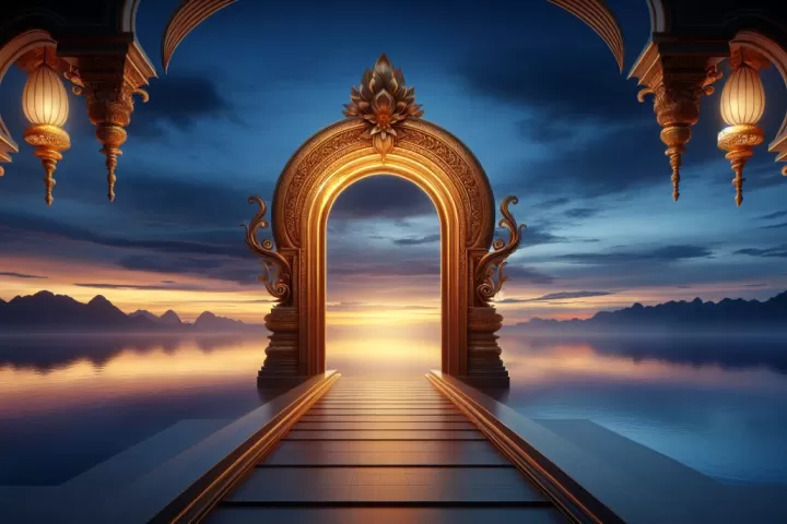 Majestic golden doors in a tranquil landscape, symbolizing opportunity, transition, and new beginnings.