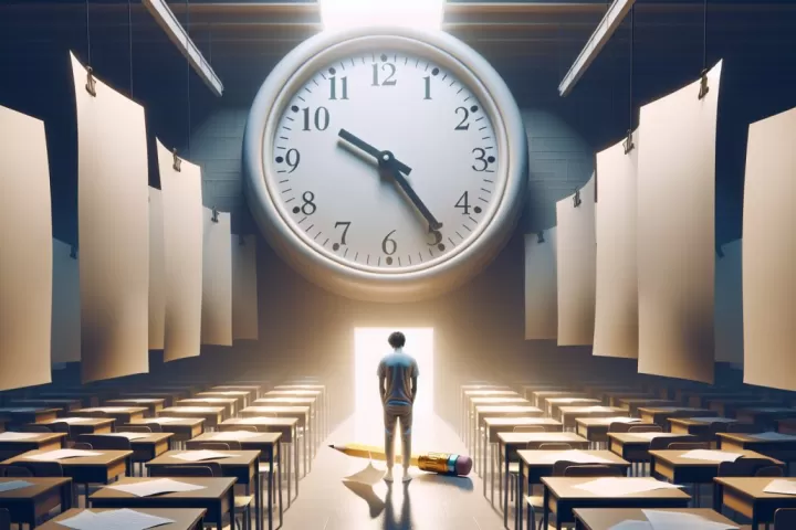 A symbolic illustration of a person in an exam room feeling unprepared beneath a large clock