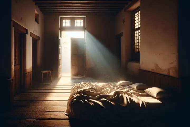 Symbolic illustration of an unused room with soft light through an open door and covered furniture