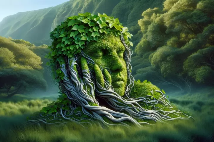 A dreamlike figure surrounded by living vines, symbolizing entrapment, connection, and emotional tension.