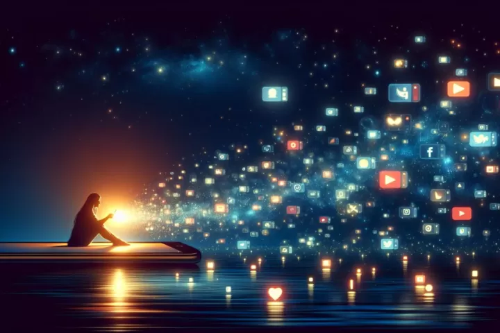 Symbolic illustration of a person facing a glowing phone as video frames spread outward, representing a dream about going viral.