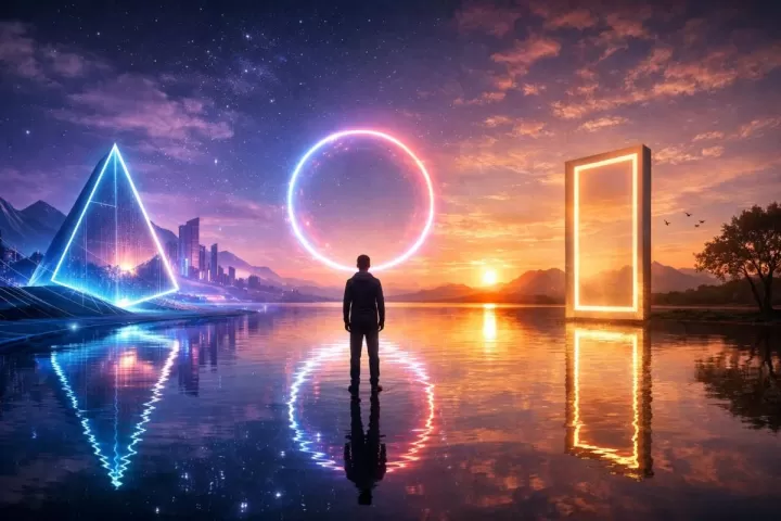 Symbolic illustration of a person facing a glowing virtual reality world with portals and a natural horizon