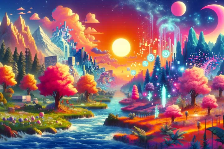 A dreamlike world where a person wakes inside a glowing video game environment filled with levels, portals, and digital scenery.