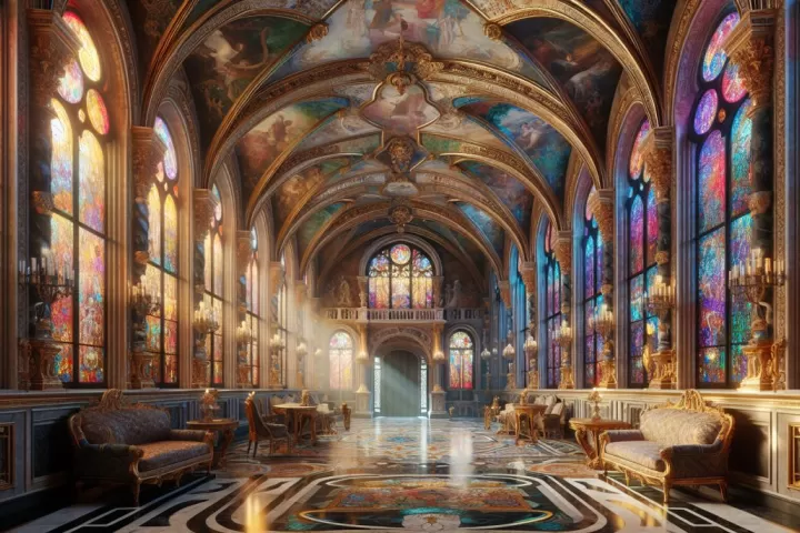 A grand castle interior with soft light filtering through stained glass windows, symbolizing protection, mystery, and inner discovery.