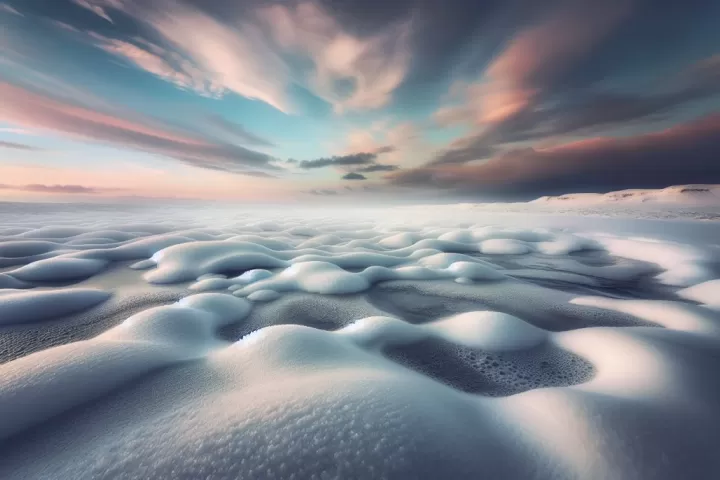 A dreamlike snowy landscape shifting into soft white foam, symbolising emotional change and release.