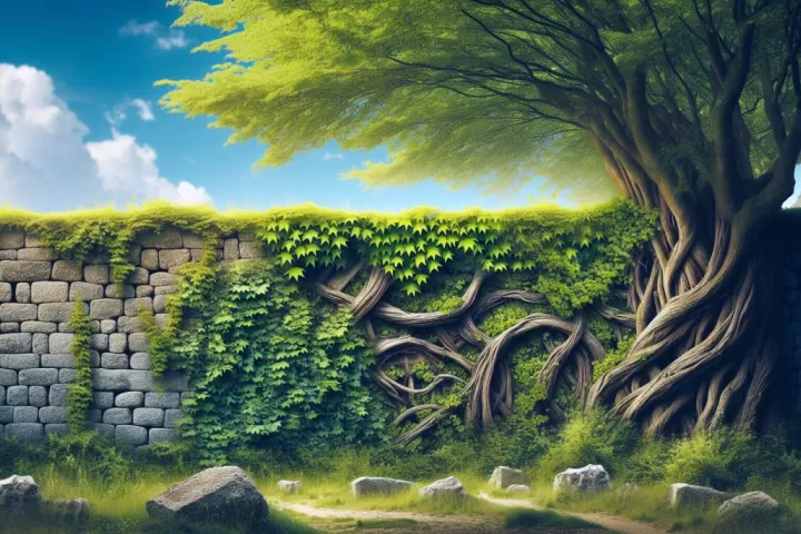 A quiet stone wall transforming into living green vines, symbolising growth, change, and nature reclaiming old boundaries.