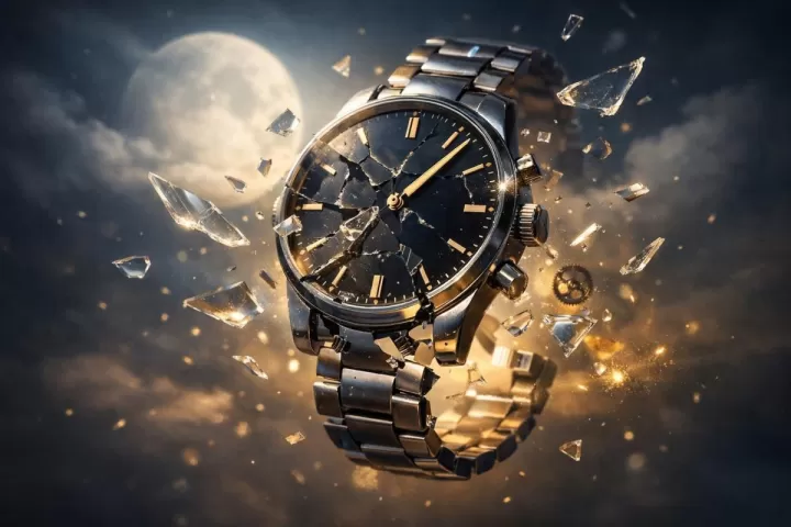 Symbolic illustration of a broken wristwatch with cracked glass and scattered pieces in a moonlit scene