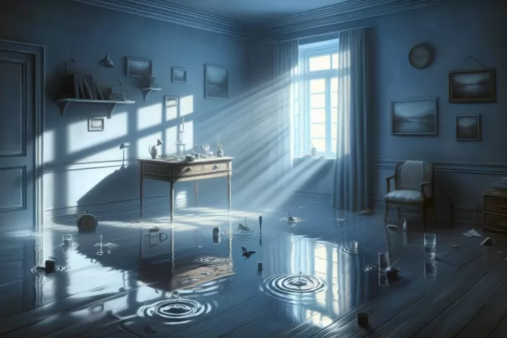 Symbolic illustration of a room filling with rising water under soft moonlight