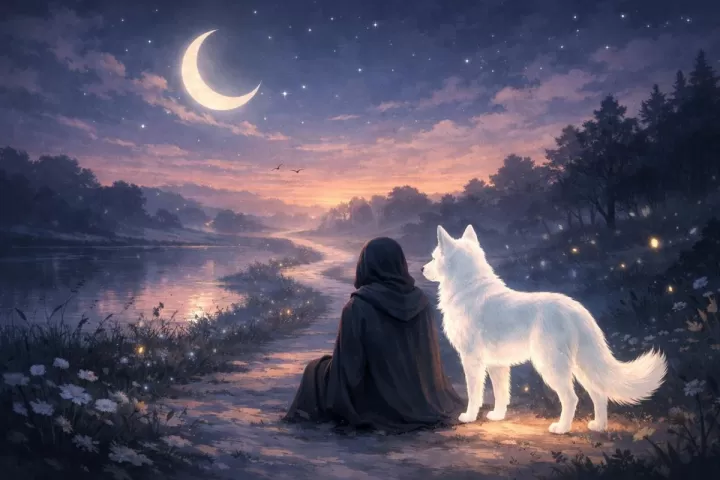 A white dog standing protectively beside a person in a calm dreamlike landscape at twilight