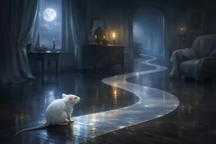 Symbolic illustration of a white rat in moonlight near a winding path in a quiet room
